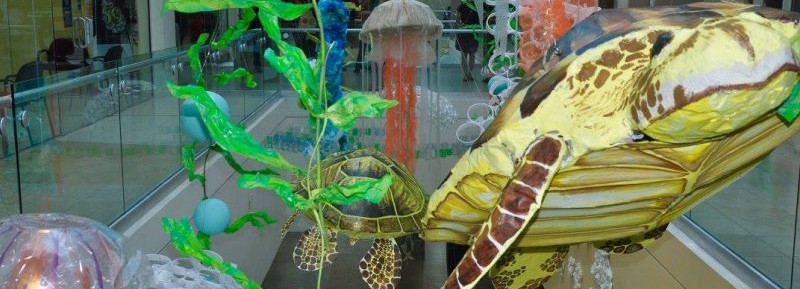Underwater hanging art display at the Sheraton Mall, showing turtles, jelly fish, seaweed and more.