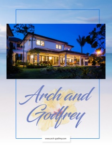 Arch and Godfrey brochure cover showing a house with lights on just before dark.