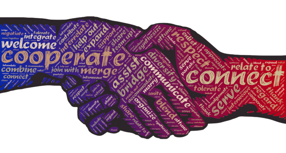 Artistic drawing of two hands shaking with words written all over the hands, including welcome, cooperate, connect, relate to and more.