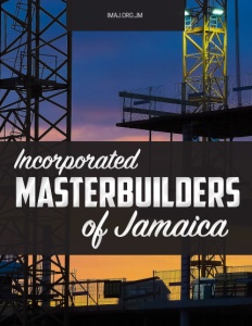 Incorporated Masterbuilders of Jamaica brochure cover showing steel construction towers at sunset.