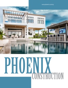 Phoenix Construction brochure cover show the backyard view of a nice house with a separate pool building with a bar and tv.