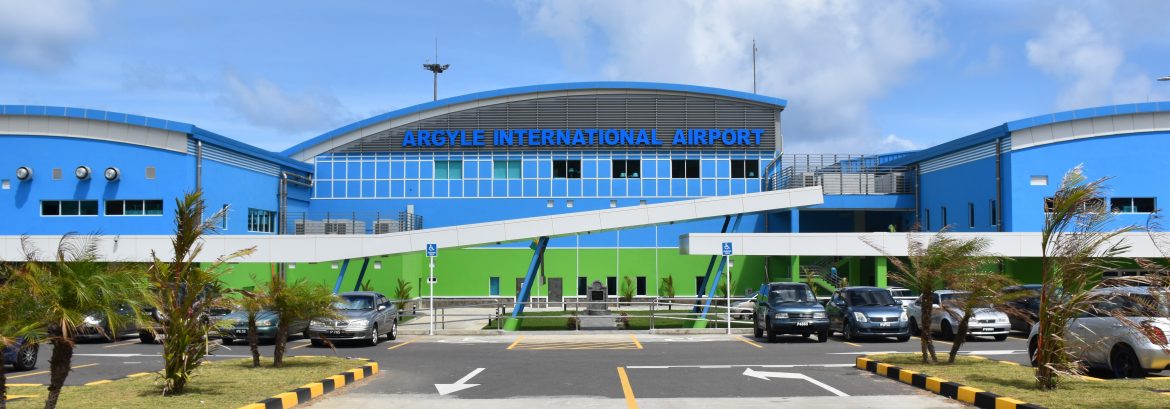 Argyle International Airport Terminal view from the road show parking lots and the front of the building.