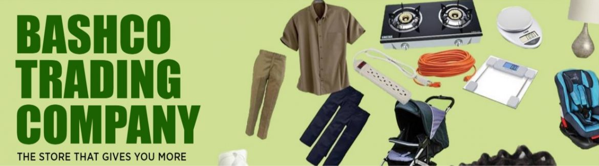 Bashco Trading Company text with images of products to the right. Clothing, Kitchen and Home goods.