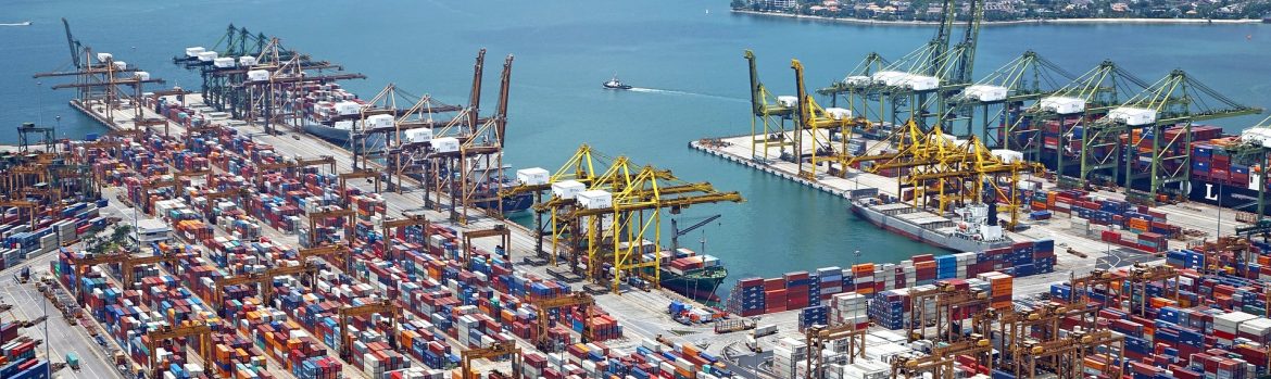 Photo of a large shipping container port with multiple cranes, boats and containers in view.