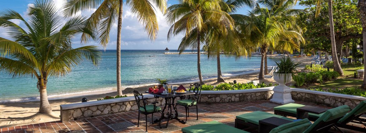 Half Moon Resort, Jamaica. Ocean view from the west cottages, overlooking Sunset Beach.