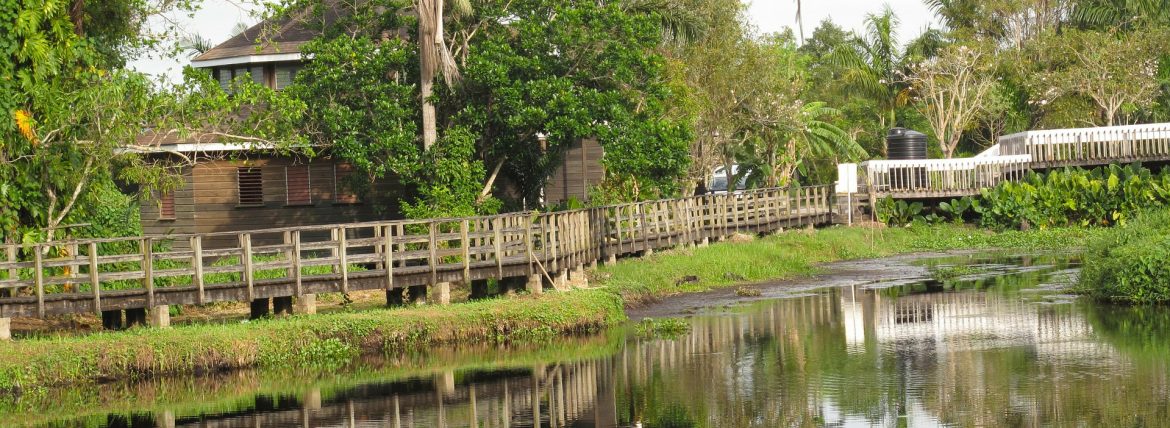 House in Jamaica with water in the foreground and a walkway around the property.